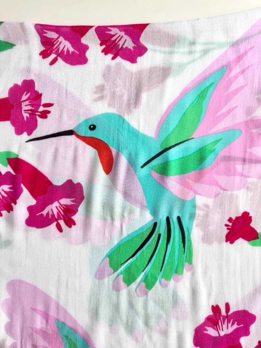 KATE SPADE White Pink Turquoise Floral Hummingbird Printed Viscose Oblong Scarf - Picture 3 of 7